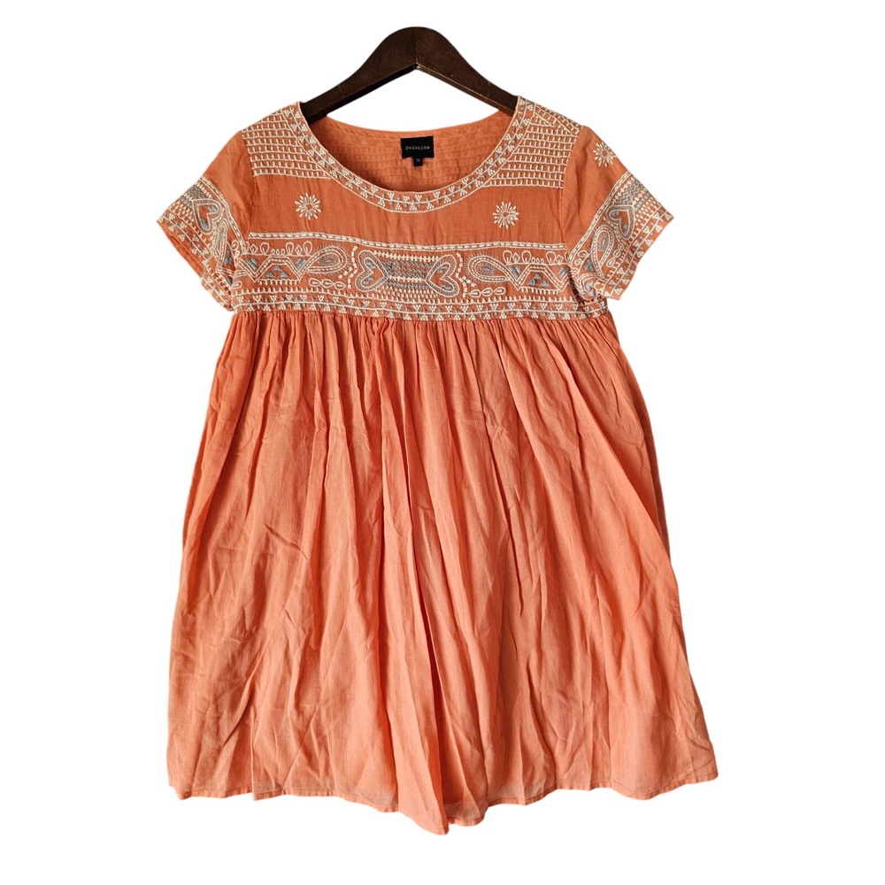 Berenice Embroidered Babydoll Dress Coral Orange Cotton Boho Women's Size 38